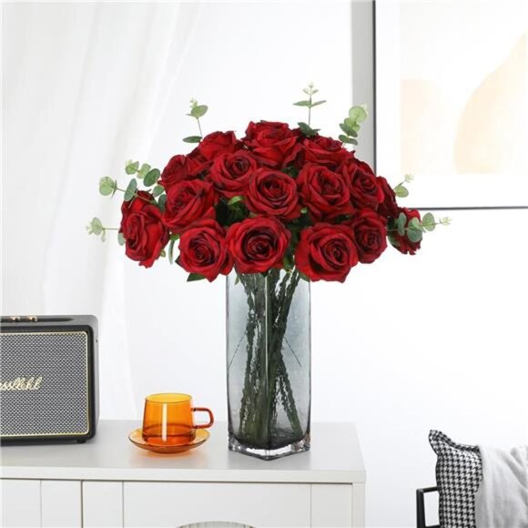 Red Roses Artificial Flowers -12 pcs Realistic Long Stem Fake Silk Roses Bouquet - Picture 5 of 7